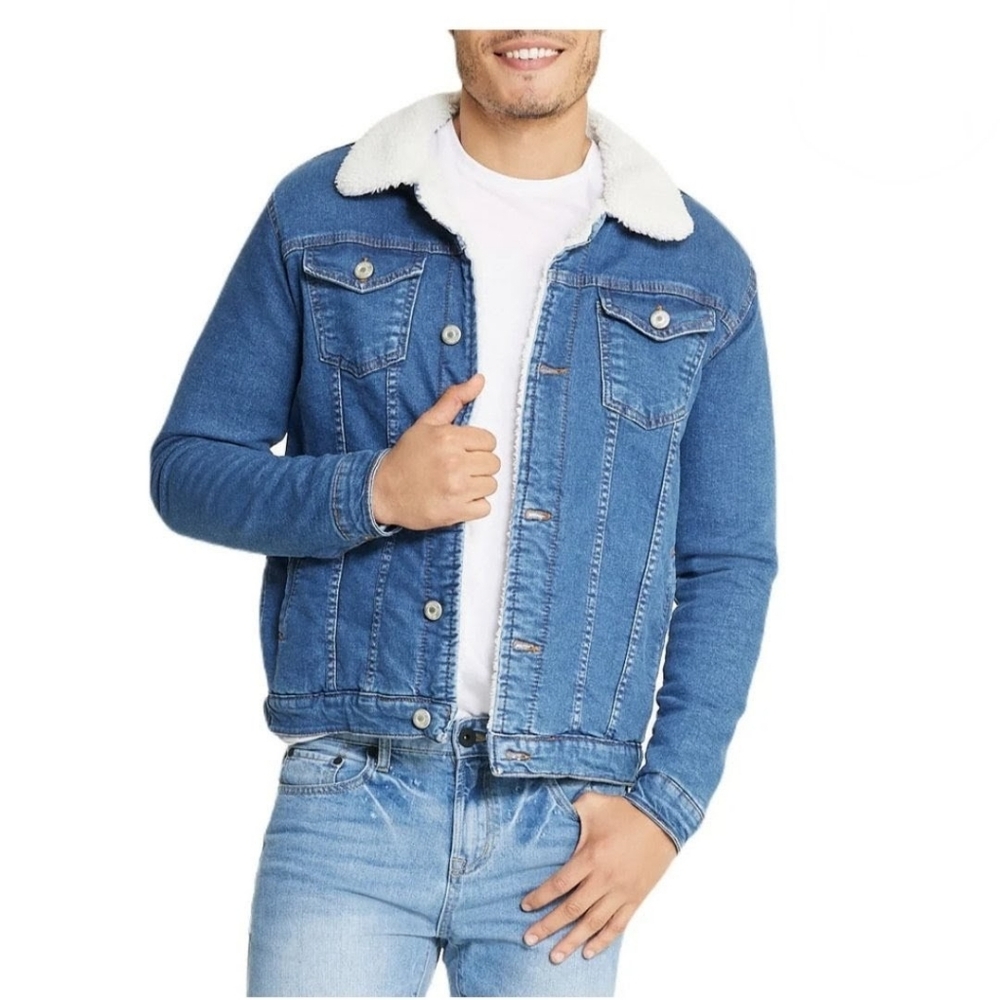Forever 21 Men's Blue Denim Jacket White Sherpa Lining Size Medium